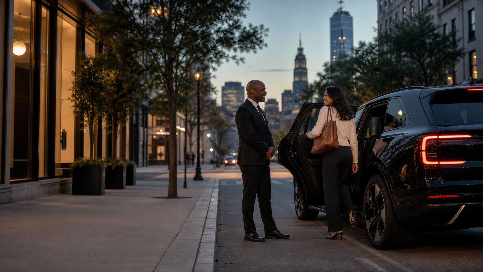 A Kindred driver greeting a rider beside a black SUV in New York City.